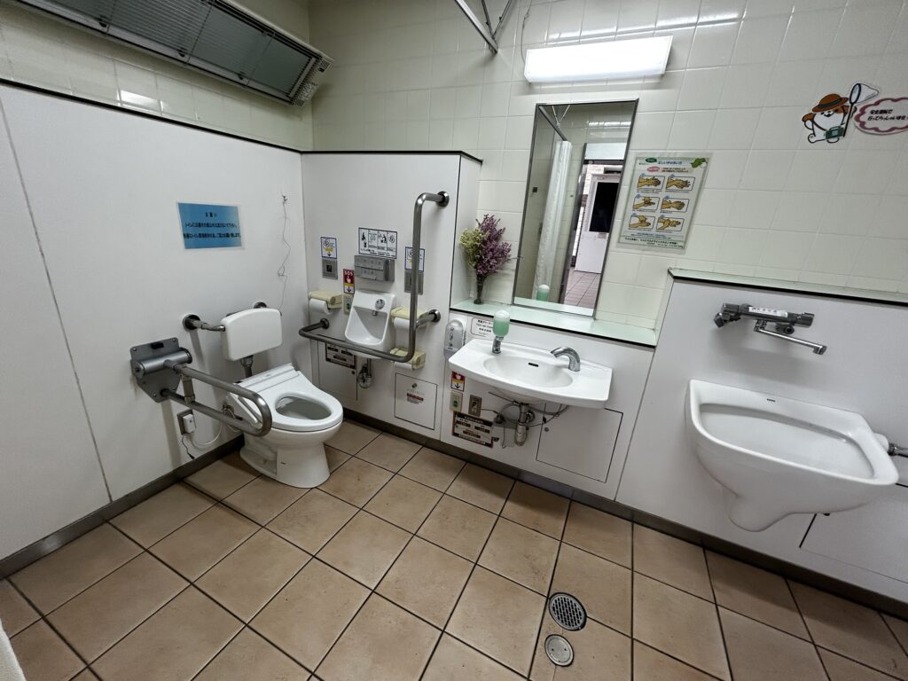 多機能トイレ内の様子。手洗いが通常のものと、座ったまま手を伸ばせる位置と、二箇所有ります。